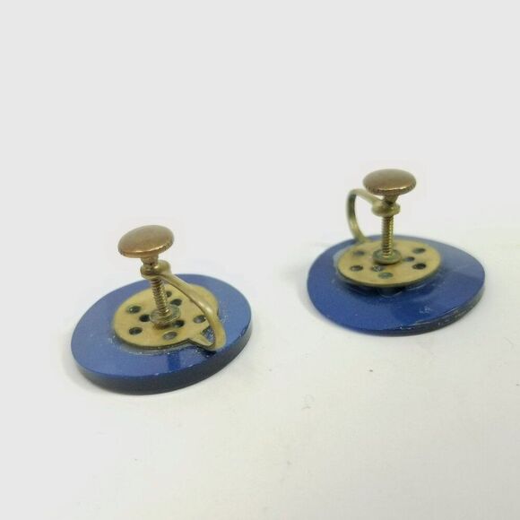 Vintage Dark Blue Lucite Plastic Disc Clip On Earrings, Round, Screw Backs - Picture 4 of 7